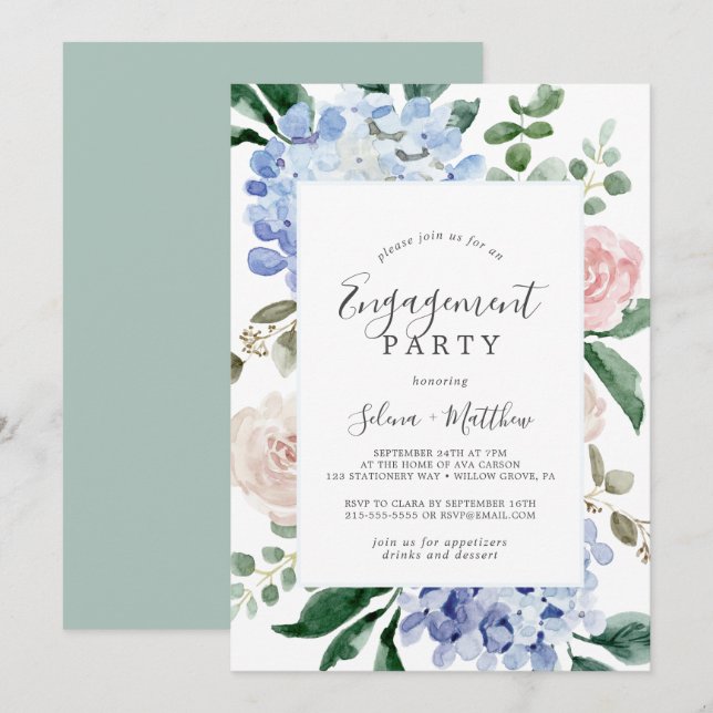 Elegant Blue Hydrangea | White Engagement Party Invitation (Front/Back)