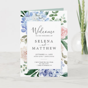 Elegant Blue Hydrangea   White Folded Wedding Program