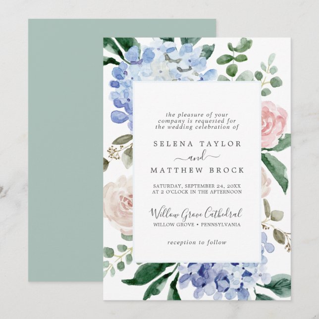 Elegant Blue Hydrangea | White Formal Wedding Invitation (Front/Back)