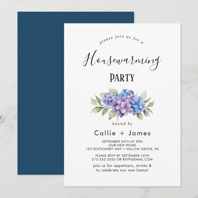 Elegant Blue Hydrangea | White Housewarming  Invitation (Front/Back)