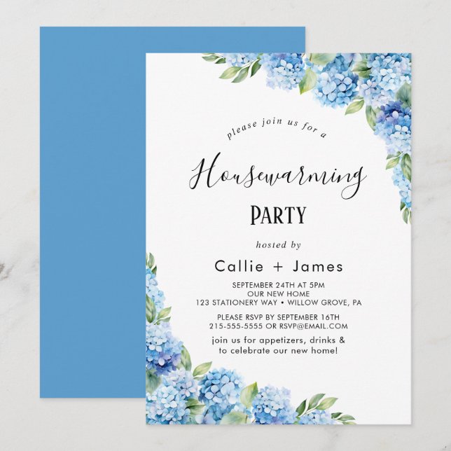 Elegant Blue Hydrangea | White Housewarming  Invitation (Front/Back)