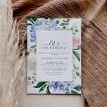 Elegant Blue Hydrangea | White Let's Celebrate Invitation<br><div class="desc">This elegant blue hydrangea let's celebrate invitation is perfect for a spring or summer engagement party,  wedding after party,  retirement,  graduation or any happy event. The classic floral design features soft powder blue watercolor hydrangeas accented with neutral blush pink flowers and green leaves.</div>