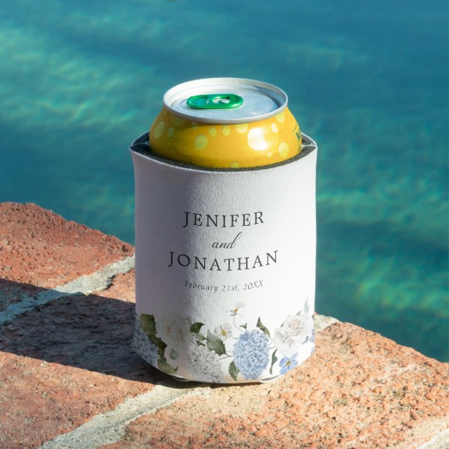 Elegant Blue Hydrangea White Roses Floral Wedding Can Cooler (In Situ Pool)