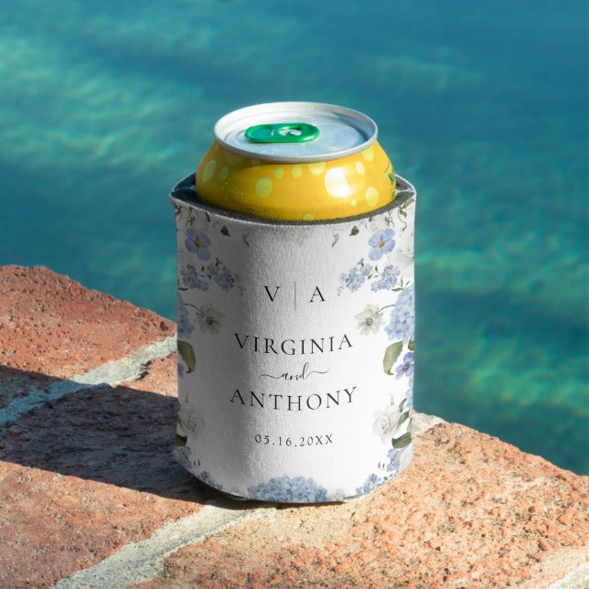 Elegant Blue Hydrangea White Roses Floral Wedding Can Cooler (In Situ Pool)