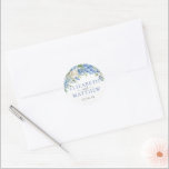 Elegant Blue Hydrangea White Roses Floral Wedding Classic Round Sticker<br><div class="desc">Elegant floral wedding design with watercolor-painted floral arrangements of blue hydrangea flowers,  greenery,  and white roses.</div>