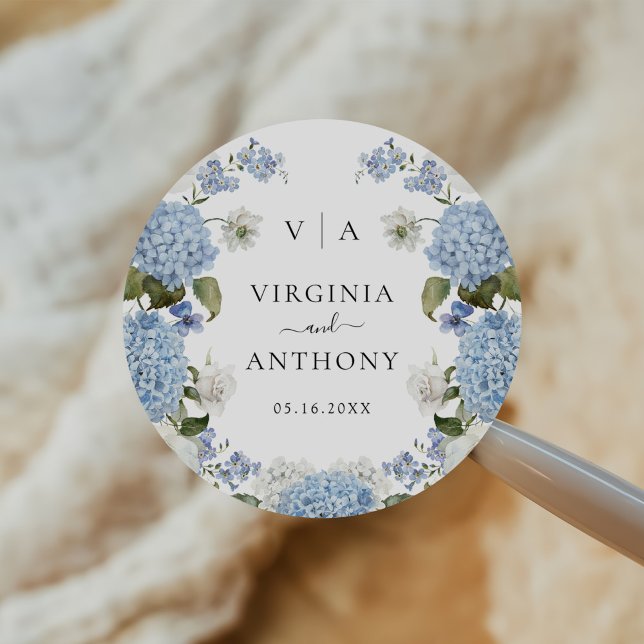 Elegant Blue Hydrangea White Roses Floral Wedding Classic Round Sticker (Creator Uploaded)