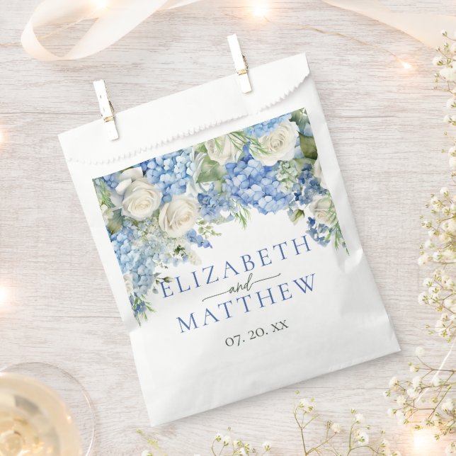 Elegant Blue Hydrangea White Roses Floral Wedding Favour Bag (Clipped)