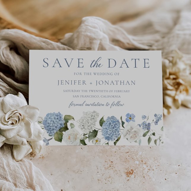 Elegant Blue Hydrangea White Roses Floral Wedding Save The Date (Creator Uploaded)
