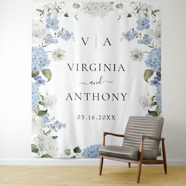 Elegant Blue Hydrangea White Roses Floral Wedding Tapestry (In Situ)