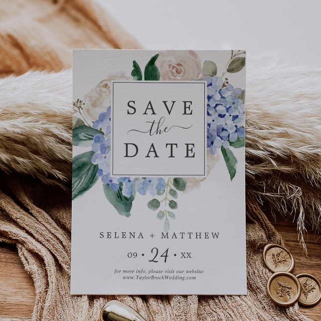 Elegant Blue Hydrangea | White Save the Date Card (Creator Uploaded)