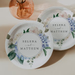Elegant Blue Hydrangea | White Wedding Cake Paper Plate<br><div class="desc">These elegant blue hydrangea white wedding cake paper plates are perfect for a spring or summer wedding. The classic floral design features soft powder blue watercolor hydrangeas accented with neutral blush pink flowers and green leaves. These disposable paper plates are perfect for the cake or dessert table. Personalize them with...</div>