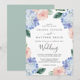 Elegant Blue Hydrangea   White Wedding Invitation