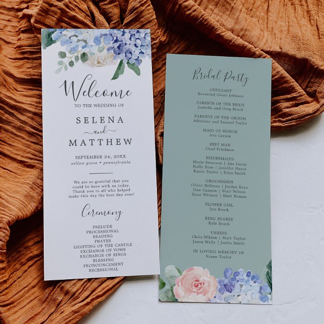 Elegant Blue Hydrangea | White Wedding Program (Creator Uploaded)