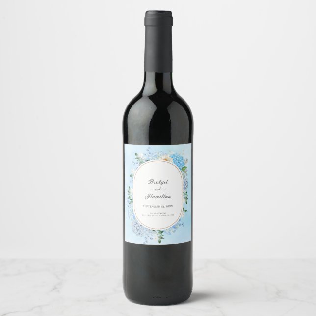 Elegant Blue Hydrangea Wine Label (Front)