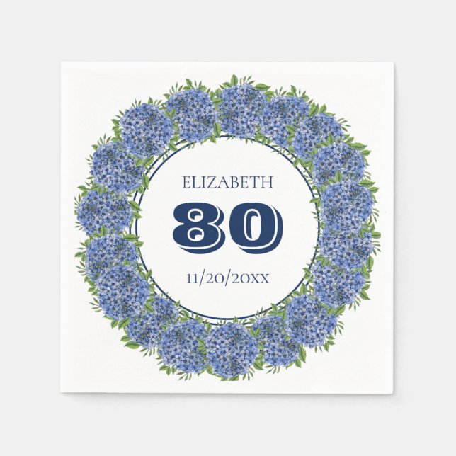 Elegant Blue Hydrangeas 80th Birthday Party Napkin (Front)