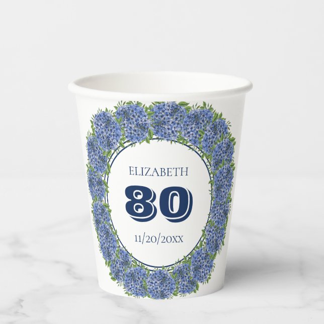 Elegant Blue Hydrangeas 80th Birthday Party Paper Cups (Front)