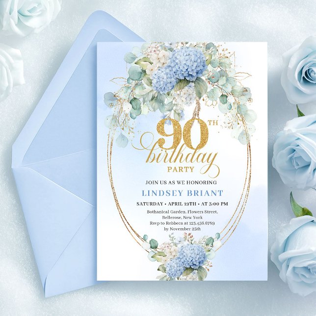 Elegant Blue Hydrangeas Gold 90th Birthday Invites (Elegant Blue Hydrangeas Gold 90th Birthday Invitation)