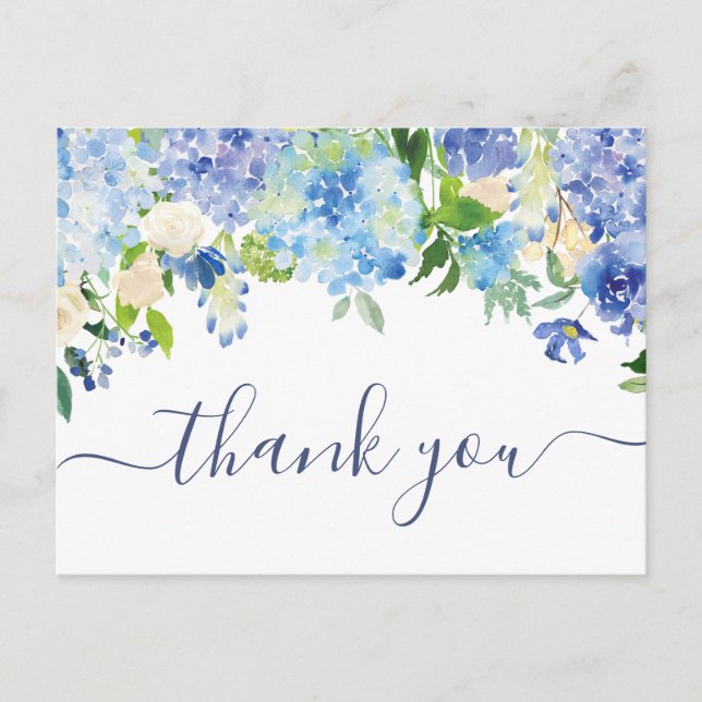 Elegant Blue Hydrangeas Greenery Thank You Postcard (Front)