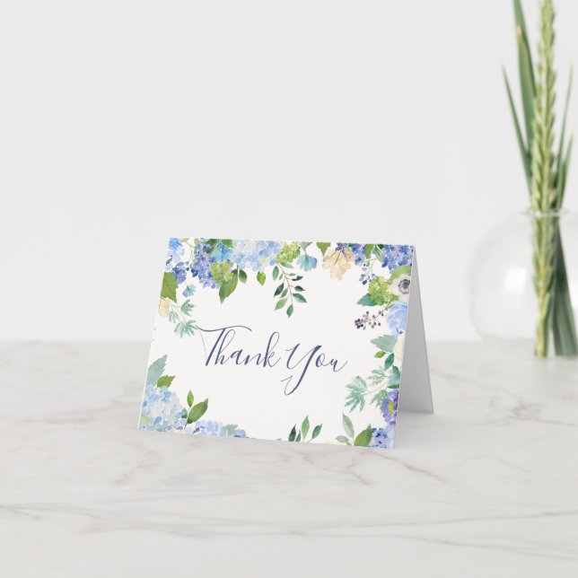 Elegant Blue Hydrangeas Greenery Watercolor Thank You Card (Front)