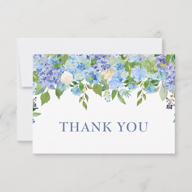 Elegant Blue Hydrangeas Greenery Wedding Floral Thank You Card (Front)
