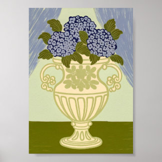 Elegant Blue Hydrangeas in Classical Golden Urn Poster
