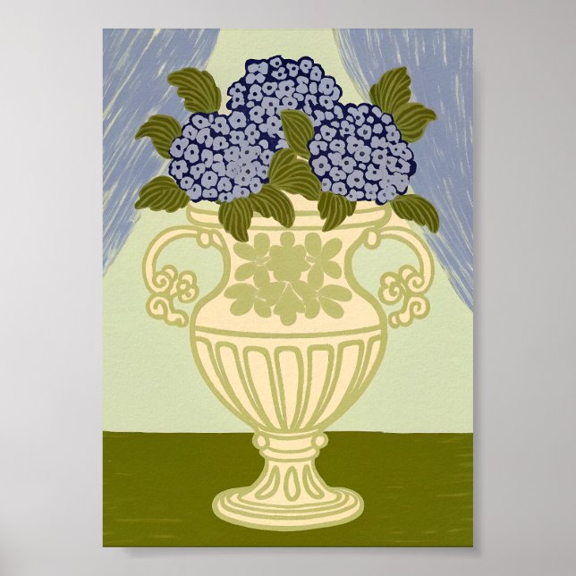 Elegant Blue Hydrangeas in Classical Golden Urn  Poster (Front)