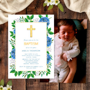 Elegant Blue Hydrangeas Photo Gold Cross Baptism Invitation