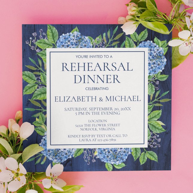Elegant Blue Hydrangeas Rustic Rehearsal Dinner Invitation (Creator Uploaded)