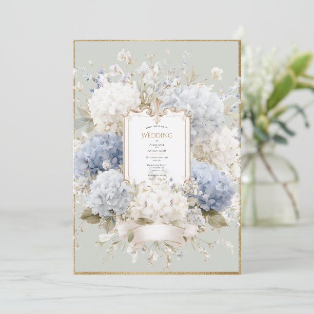 Elegant Blue Hydrangeas Sage Vintage Wedding Invitation (Standing Front)