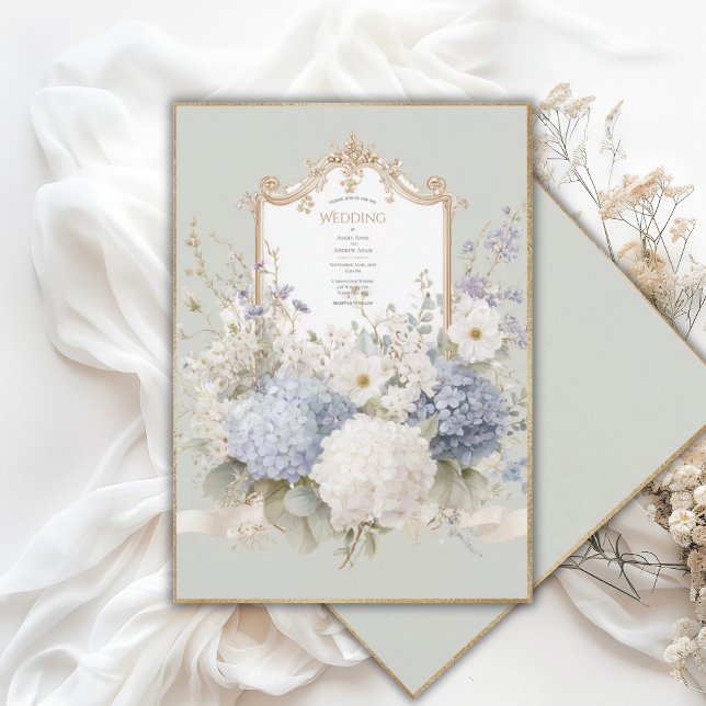 Elegant Blue Hydrangeas Sage Vintage Wedding Invitation (Creator Uploaded)