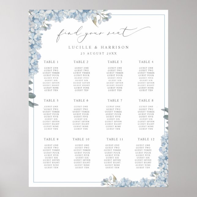 Elegant Blue Hydrangeas Wedding Seating Plan Poster (Front)