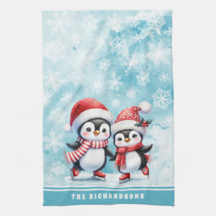 Elegant Blue Ice Skating Penguins Family Christmas Kitchen Towel