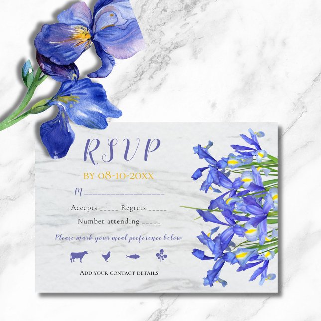 Elegant Blue Irises Floral On Grey Marble Wedding RSVP Card (Creator Uploaded)