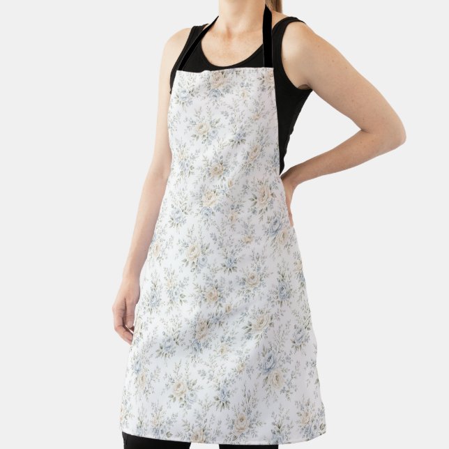 Elegant Blue & Ivory Floral Apron (Insitu)