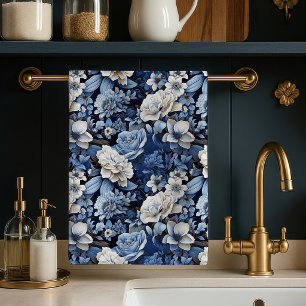 Elegant Blue Ivory Floral Luxury Kitchen Towel 