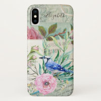 Elegant Blue Jay Bird Vintage Pink Floral and Name