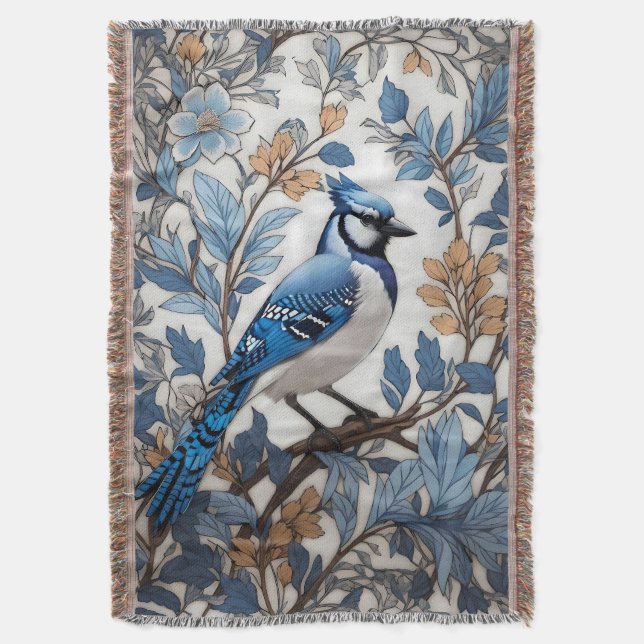 Elegant Blue Jay William Morris Inspired Throw Blanket (Front Vertical)