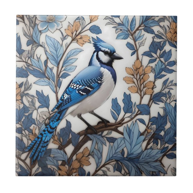 Elegant Blue Jay William Morris Inspired Tile (Front)