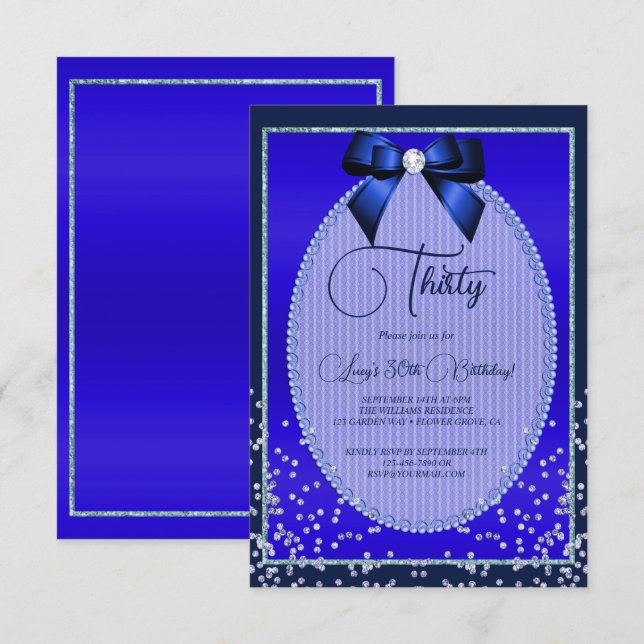Elegant Blue Jewel Bow & Confetti Birthday Invitation (Front/Back)