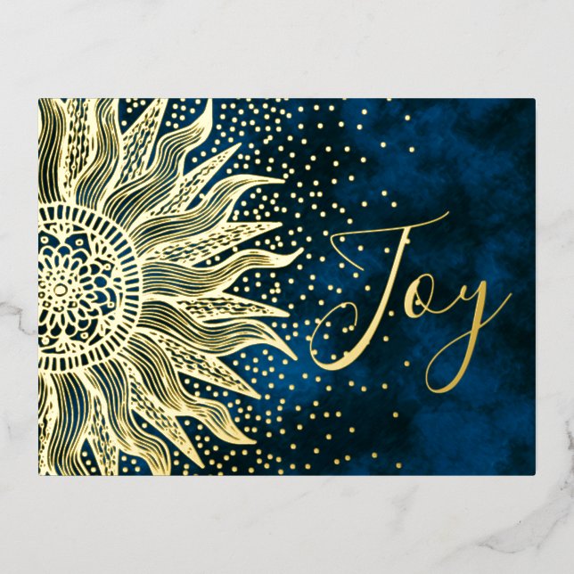 Elegant Blue Joy Boho Sun Mandala Christmas Gold Foil Holiday Postcard (Front)