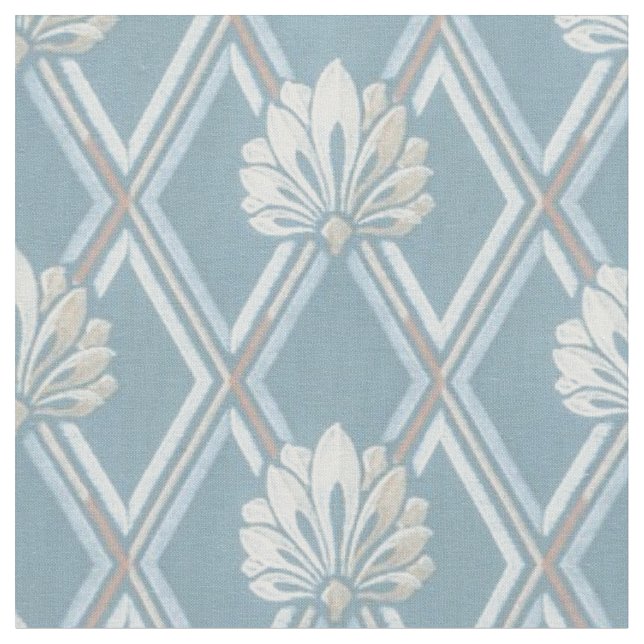 Elegant Blue Lattice Ivory Feather Fans Pattern Fabric (Close Up)
