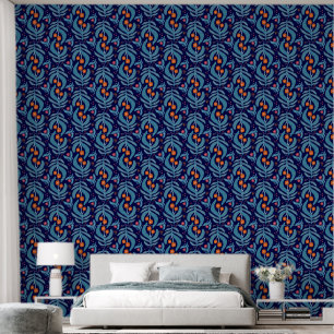  Elegant Blue Leaf Orange Red Floral Plants Patter Wallpaper