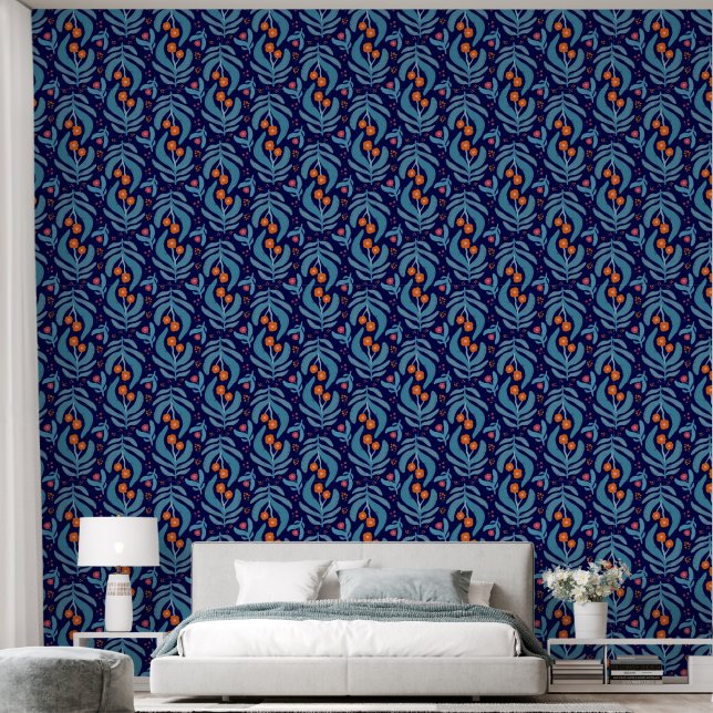  Elegant Blue Leaf Orange Red Floral Plants Patter Wallpaper (Bedroom)