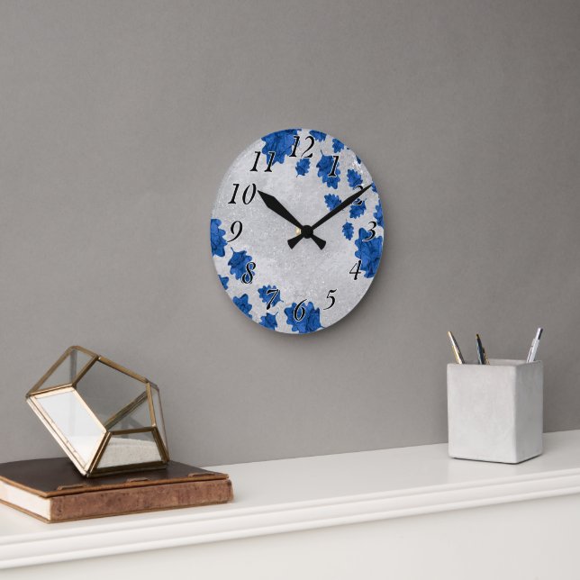 elegant blue leaf pattern on Concrete Texture Round Clock (Office)