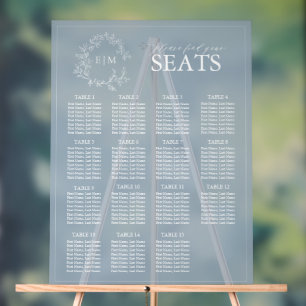 Elegant Blue Leafy Crest Monogram Wedding Seating Acrylic Sign