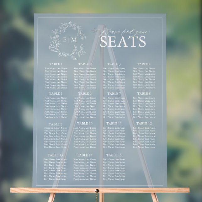 Elegant Blue Leafy Crest Monogram Wedding Seating Acrylic Sign (Neutral)