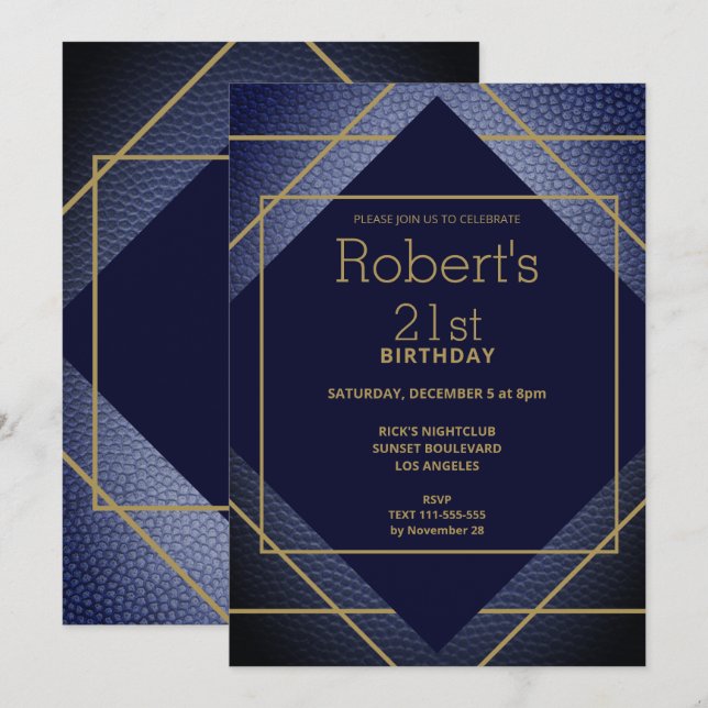 Elegant Blue Leather 21st Birthday Invitation (Front/Back)