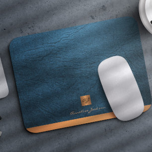 Elegant blue leather gold initial monogrammed mouse pad