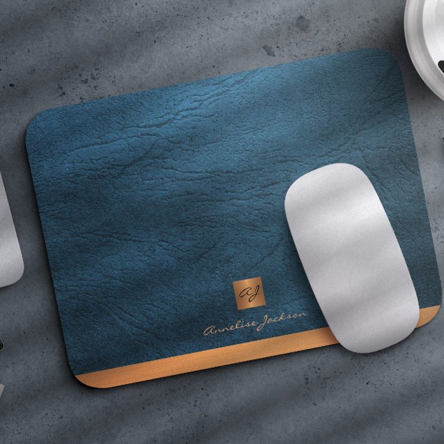 Elegant blue leather gold initial monogrammed mouse pad (Creator Uploaded)