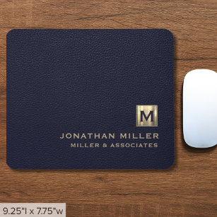 Elegant Blue Leather Luxury Gold Initial Logo Mouse Pad